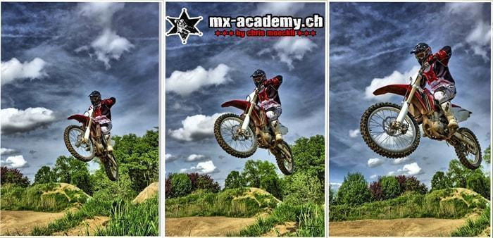 Downhill jump in three phases: motocross rider takes off over a crest, a technique downhillers know too