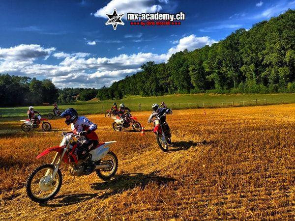Motocross track for beginners: several newcomers on red Hondas in an open area, the edge of a forest behind